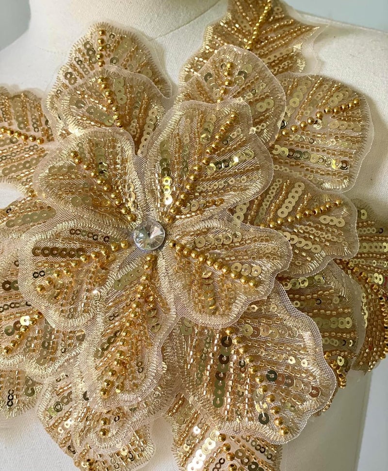 JRYYR Handmade Rhinestone lace Appliques, Sequin Flower Patches, Sewing Beaded Appliques for Dresses, Wedding Dresses, Bags and Other DIY Decorative Accessories (Gold-08) - Image 4
